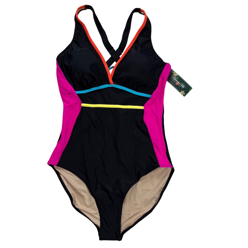 Blooming Jelly Womens Colorblock One Piece Swimsuit Neon Black Lace Up Back‎ L